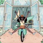 cartoon of woman riding bicycle with no hands